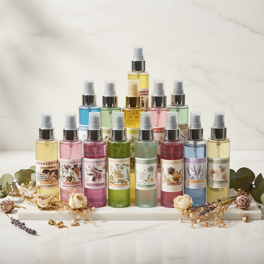 Collection of various bottles with labels on a white surface with decorative elements.