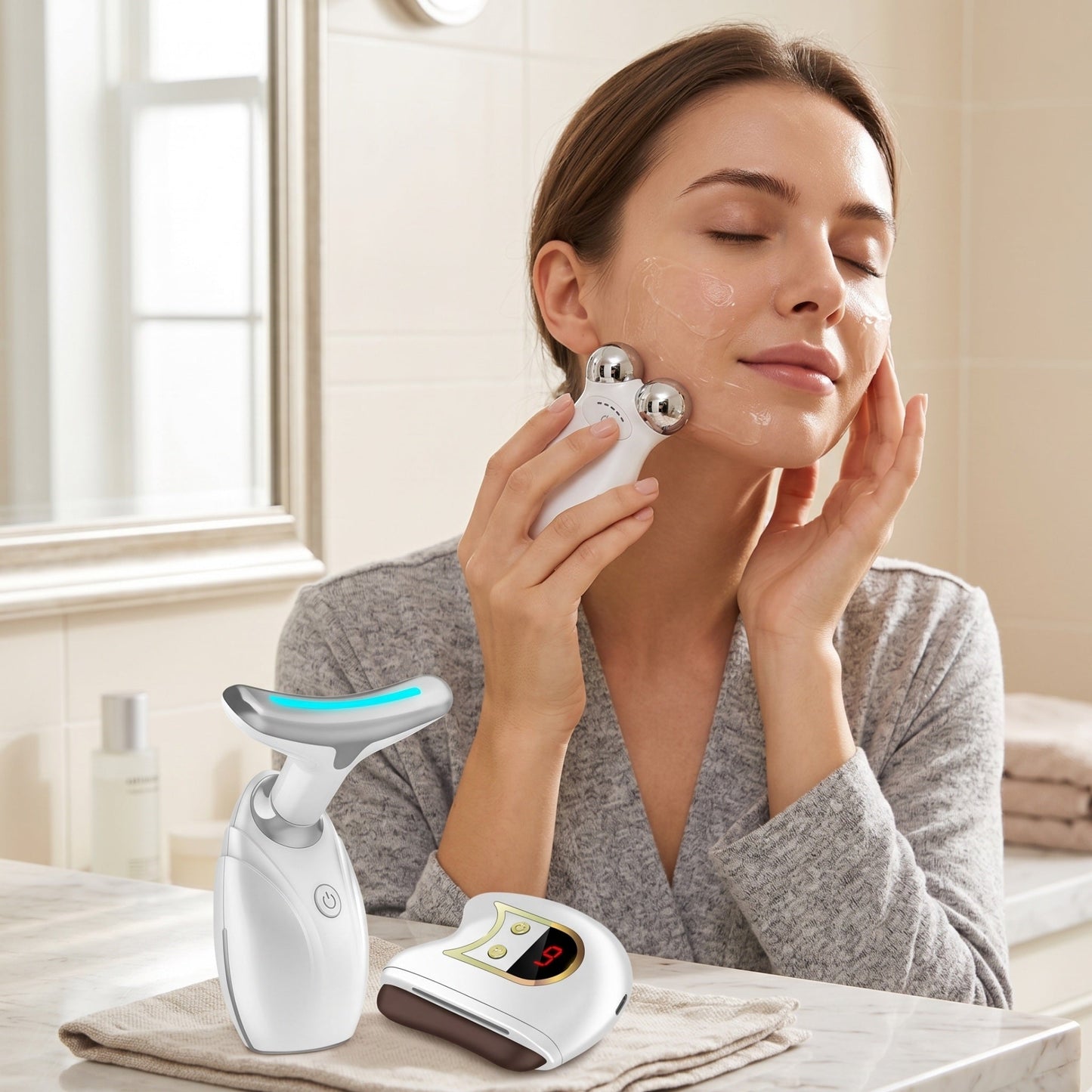 Lift, Sculpt & Glow Toolkit -Set of 3 LED Therapy, Electric Gua Sha & Microcurrent Toning Device for Radiant Skin