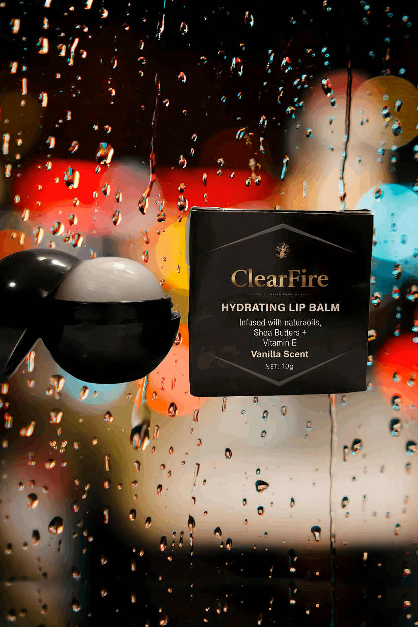 ClearFire hydrating lip balm packaging with colorful blurred lights in the background