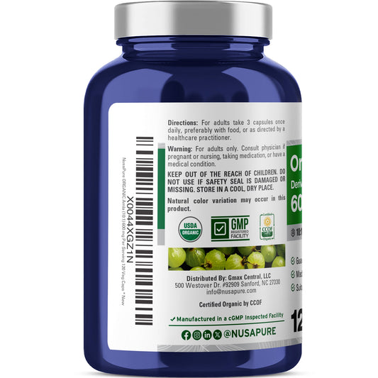 NusaPure Organic Amla Capsules 10:1 Extract, 600 mg | 120 Count | Amalaki Fruit | USDA, Vegan, Non-GMO Supplement