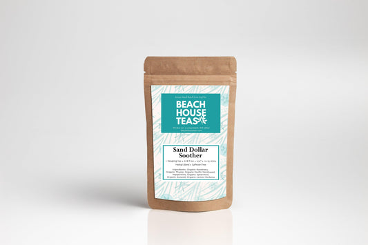 Beach House Teas 'Sand Dollar Soother' tea package on a white background