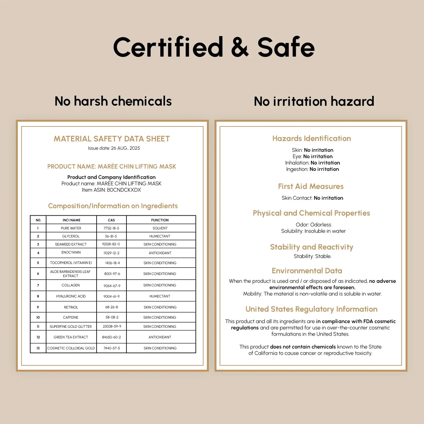 Marée 24K Gold & Collagen V-Line Hydrogel Mask | Jawline, Chin & Neck | Retinol, Hyaluronic Acid