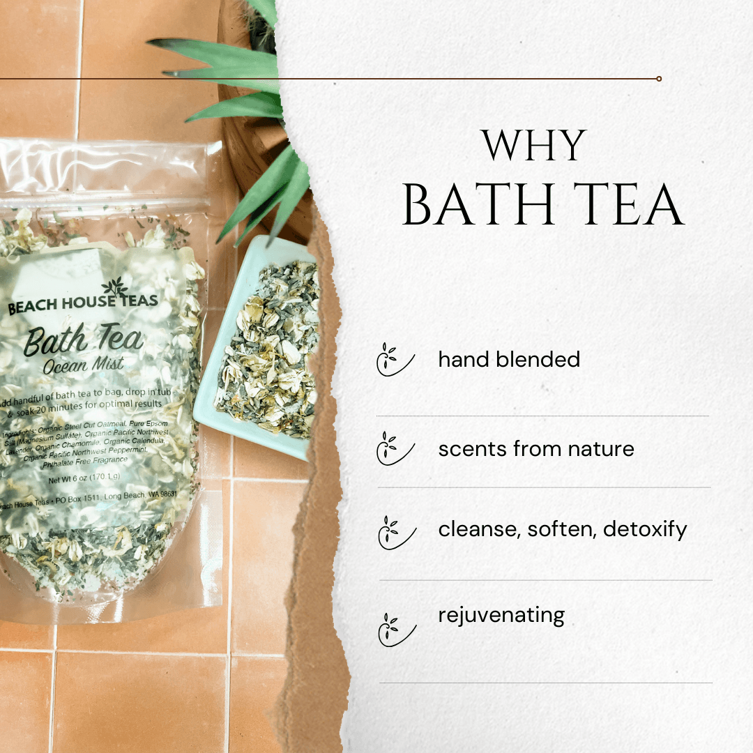 Bath tea packaging with text highlighting features on a white background