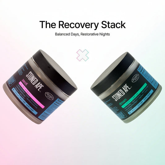 Two jars of 'Stoned Ape' product with promotional text on a light background