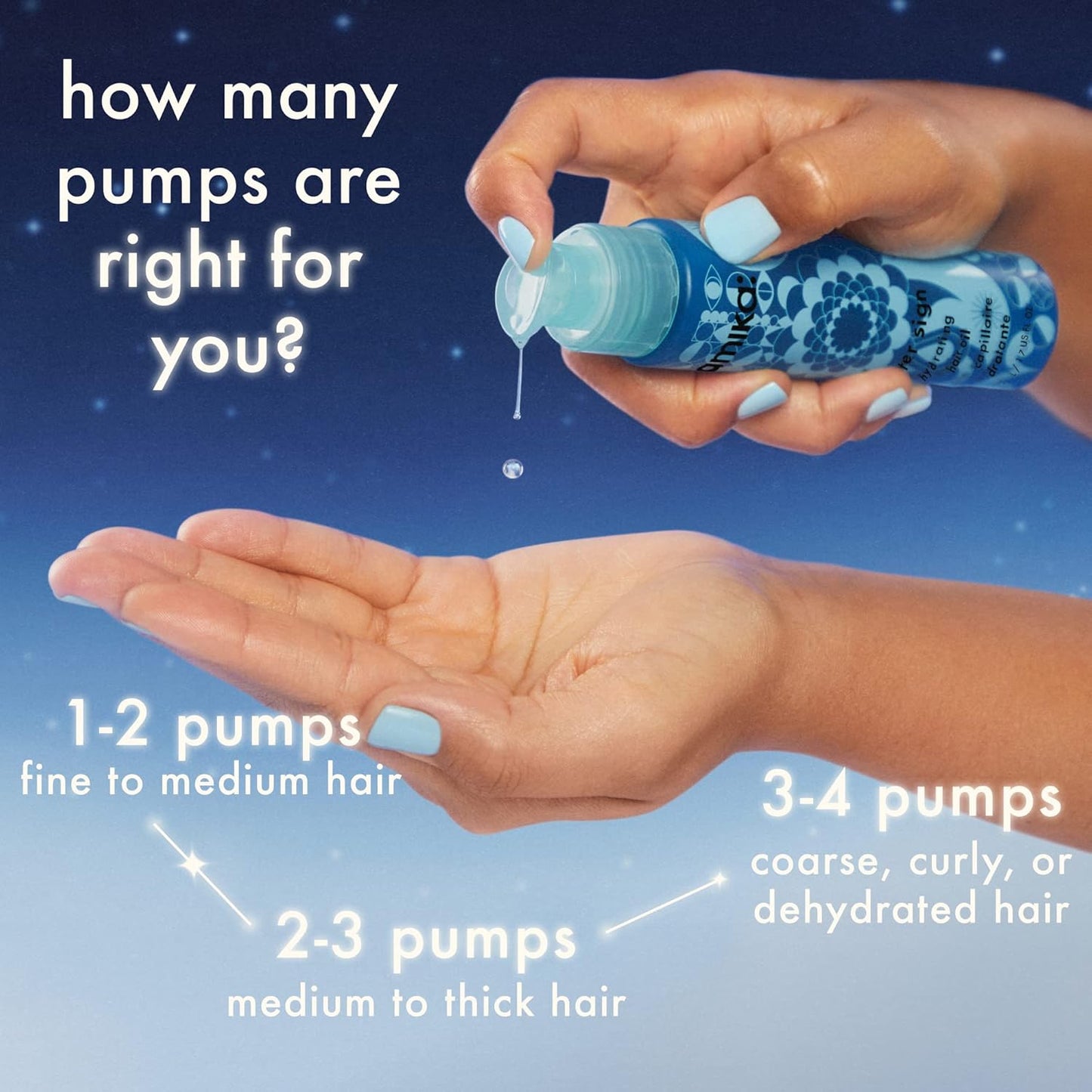 Hand holding a blue bottle with pump mechanism, demonstrating how many pumps are right for different hair types on a blue background.
