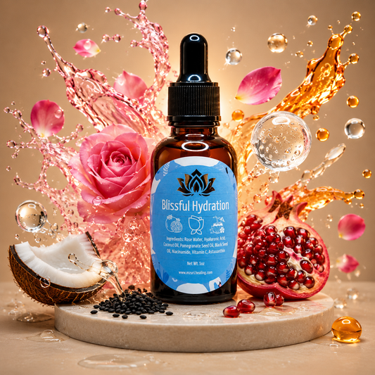Blissful Hydration bottle with decorative elements like flowers and fruits on a beige background