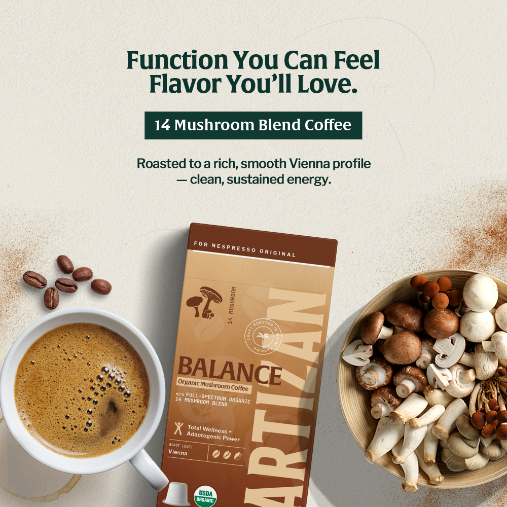 ARTIZAN Balance Mushroom Blend coffee package with a cup of coffee and mushrooms on a light background
