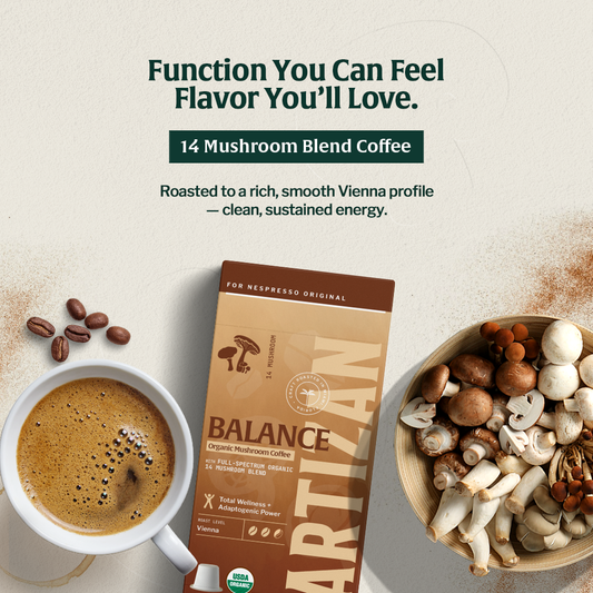 ARTIZAN Balance Mushroom Blend coffee package with a cup of coffee and mushrooms on a light background