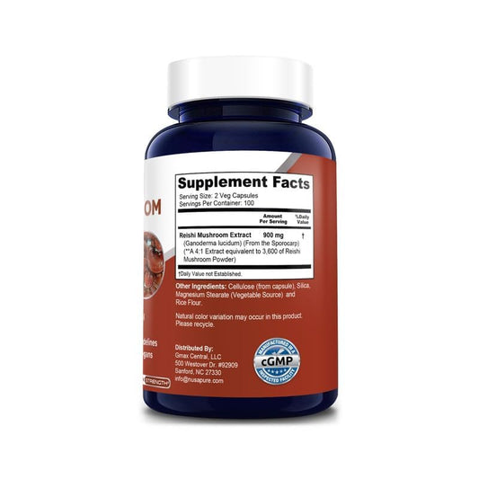 NusaPure Reishi Mushroom 4:1 Extract | 900mg with BioPerine | 200 Veggie Caps | Vegan Non-GMO