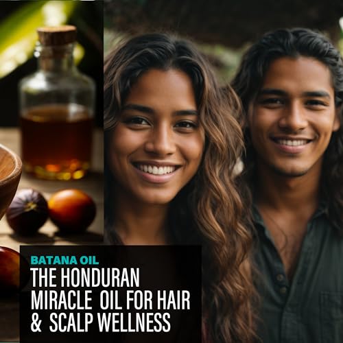 Two people with long hair next to a bottle of Batana oil and fruits on a wooden surface.