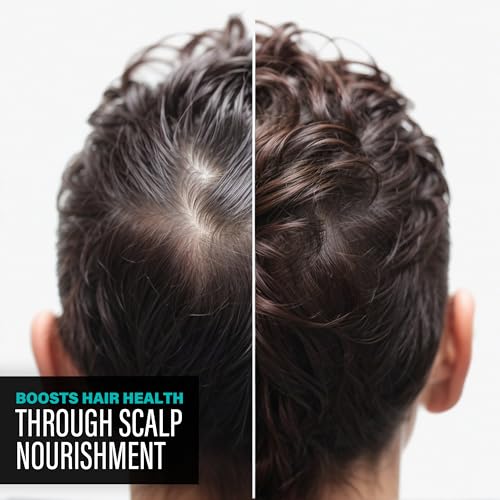 Before and after comparison of scalp health with text about hair health and scalp nourishment.