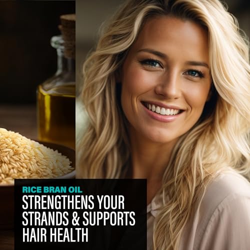 Woman with blonde hair next to rice bran oil and rice grains with text about hair health.