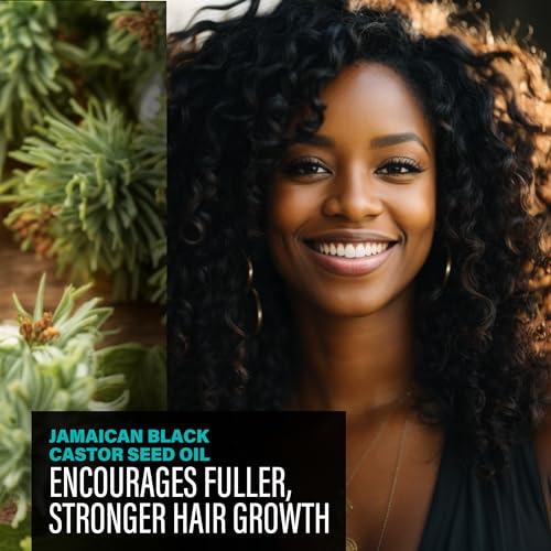 Woman with curly hair next to text about Jamaican Black Castor Seed Oil and its benefits for hair growth.