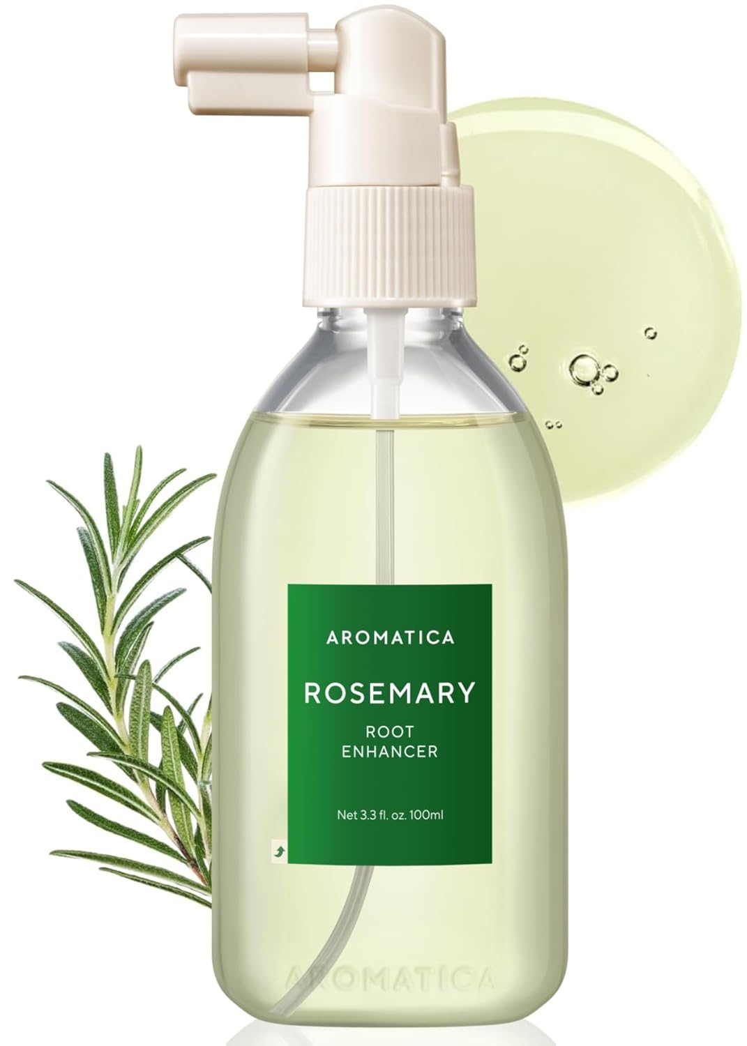 Aromatica Rosemary Root Enhancer bottle with a droplet and rosemary leaf on a white background