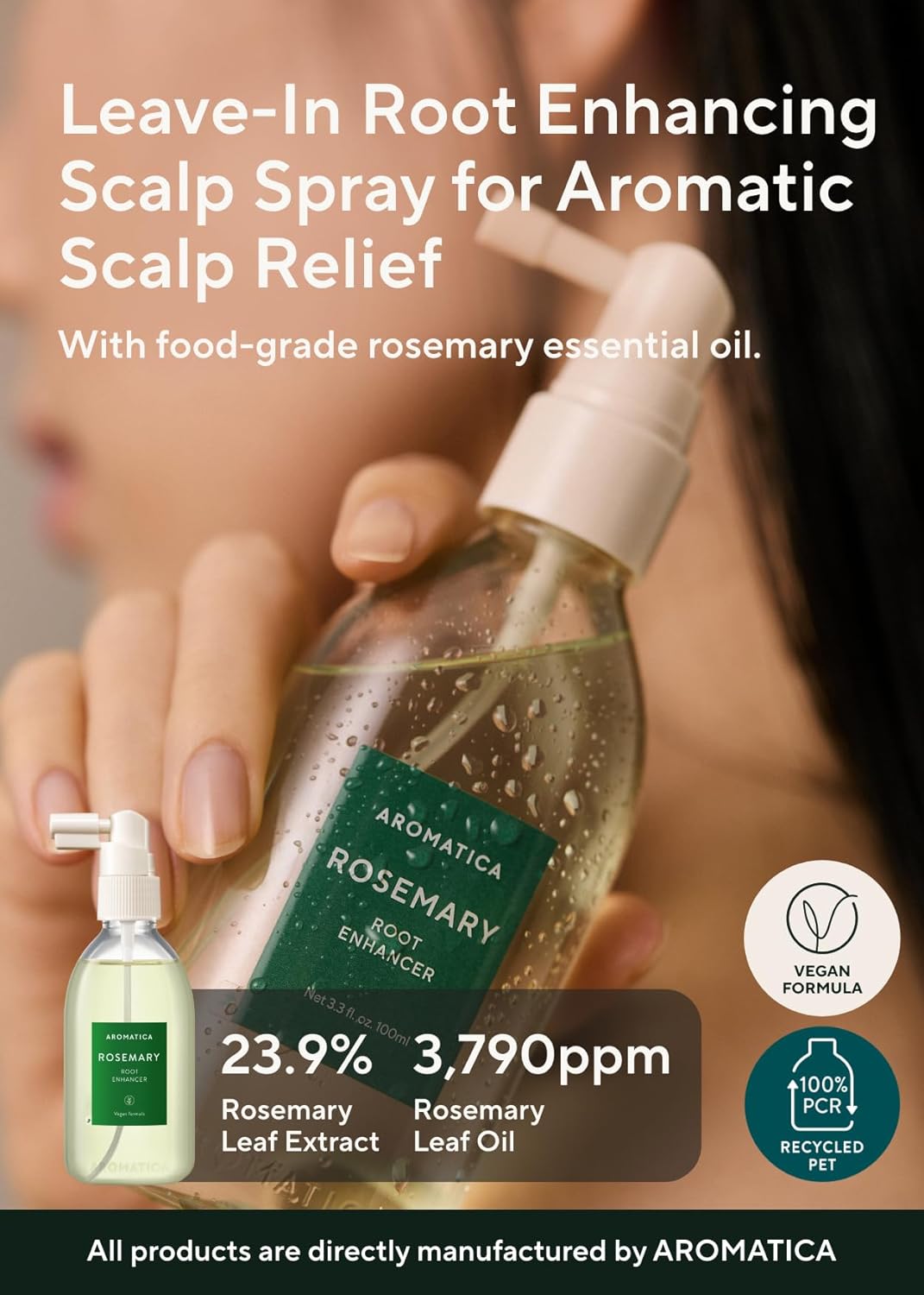 Aromatica Rosemary Root Enhancer spray bottle held by a person with product details on a beige background.