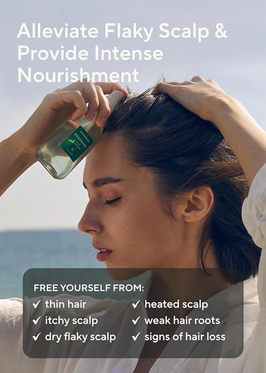Person applying a hair care product with text about scalp benefits and product features.