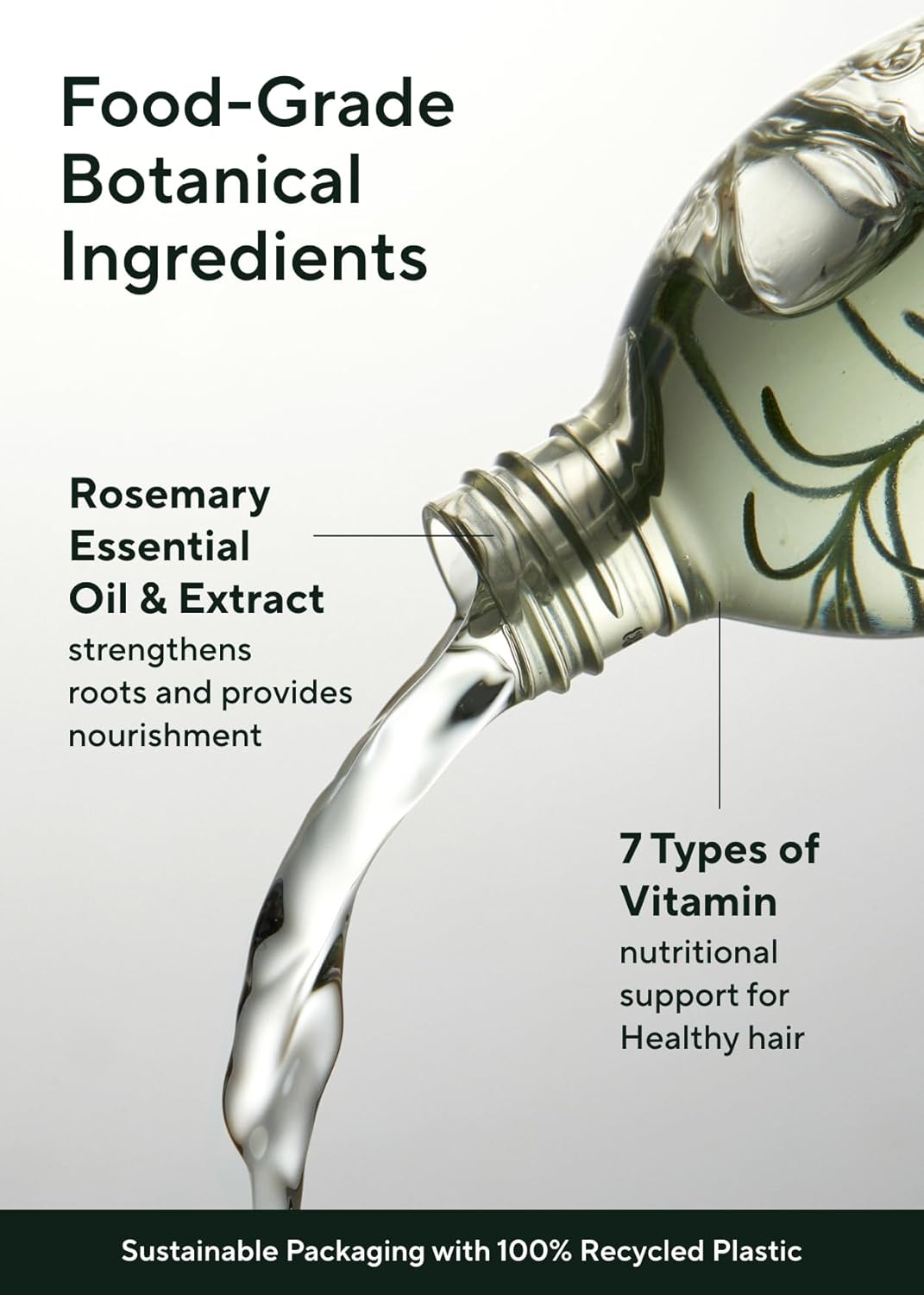 Bottle of rosemary essential oil with text about food-grade botanical ingredients and sustainable packaging.