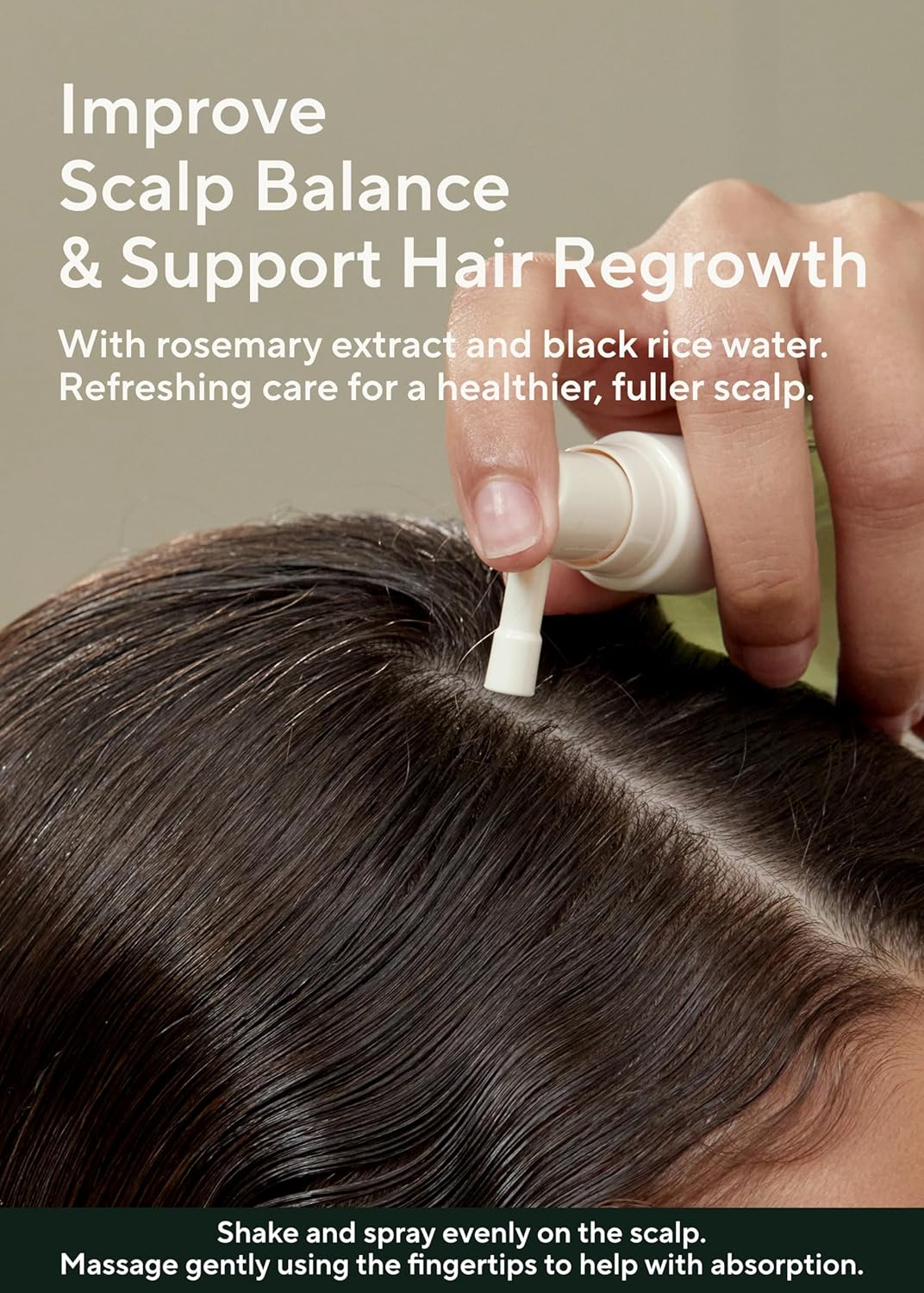 Hand applying a product to scalp with text about improving scalp balance and supporting hair regrowth.