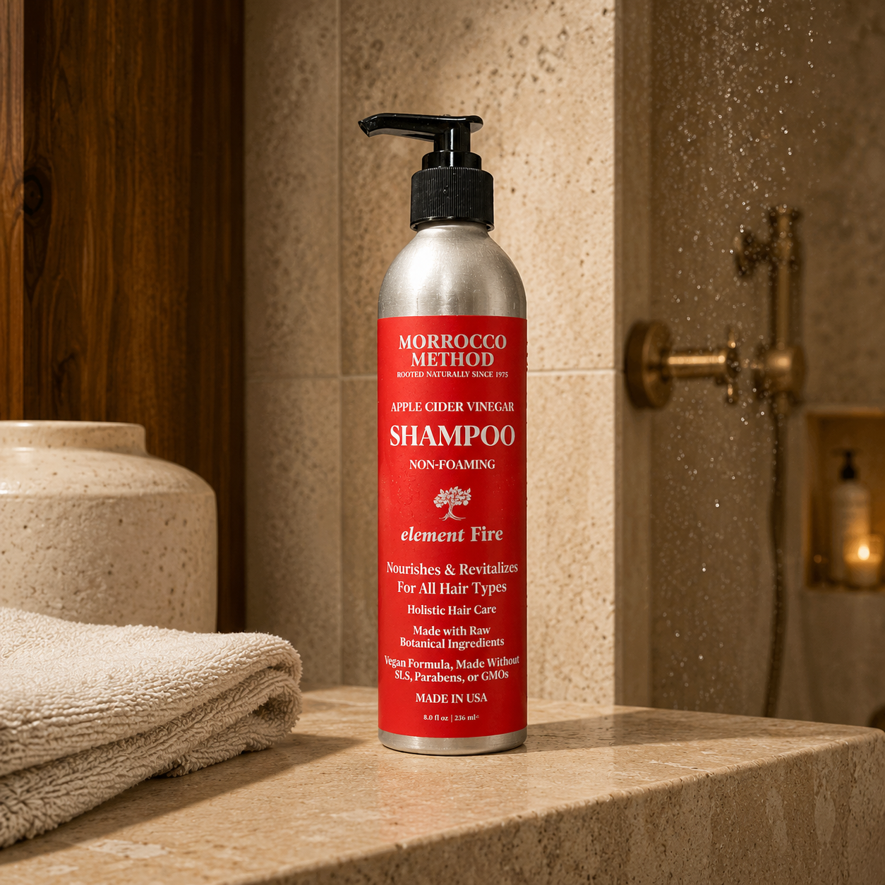 Morrocco Method shampoo bottle on a bathroom counter with towels and tiles in the background