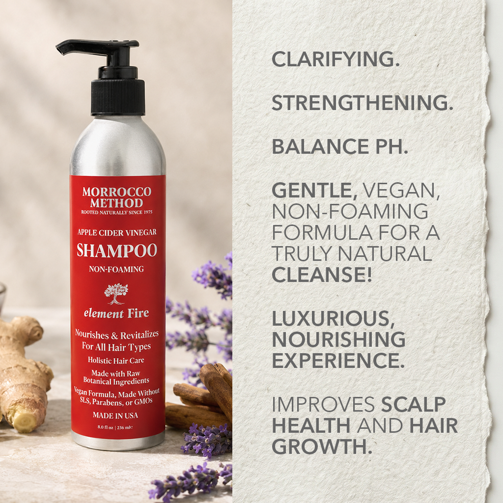 Morrocco Method shampoo bottle with product description on a textured stone background