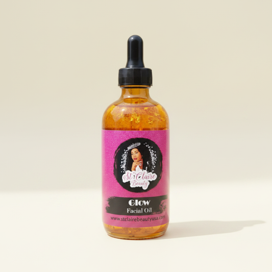 A bottle of MisteLaine Beauty Glow Facial Oil with a black dropper cap and a pink label, set against a plain beige background.