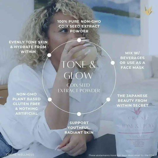 Person holding a container of Tone & Glow Coix Seed Extract Powder with product packaging in the background.
