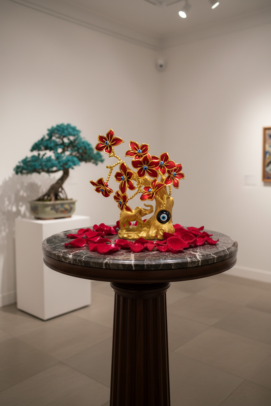 Gold Colored Evil Eye Bonsai tree with Elephant and Red Flowers Model D-20