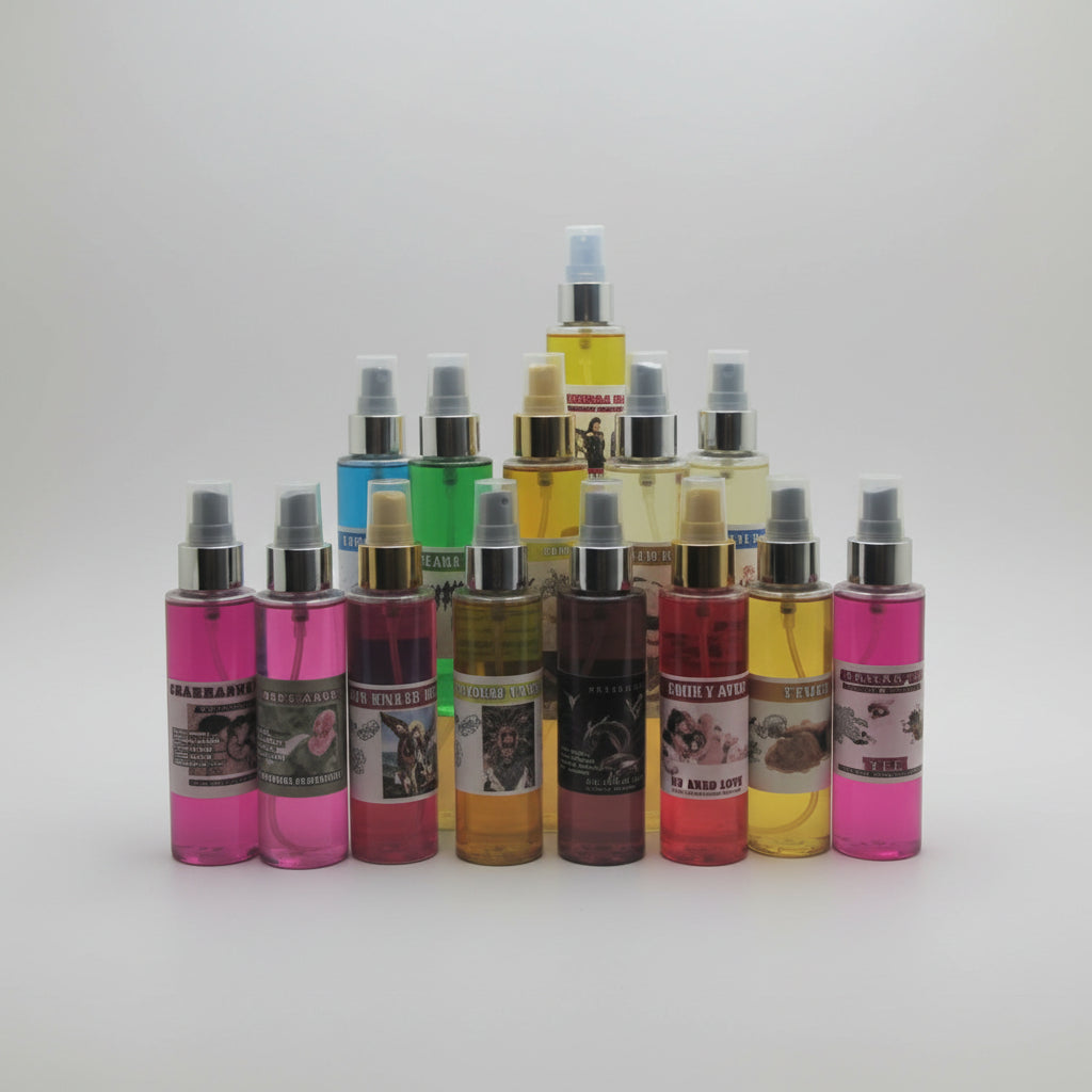 Collection of colorful spray bottles on a white background