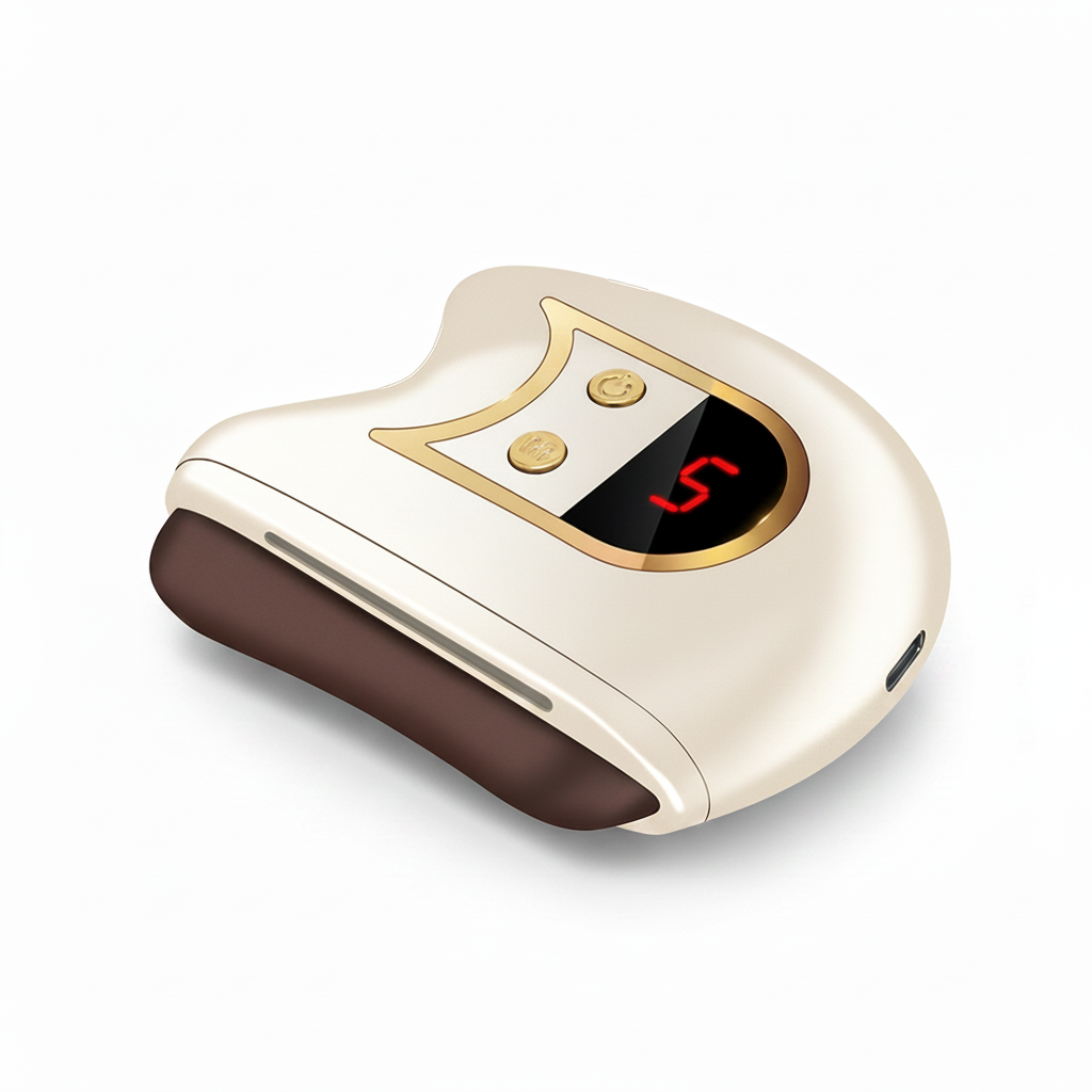 A handheld beauty device with a cream-colored outer shell, a dark brown inner body, and gold accents, featuring a digital display screen on top.