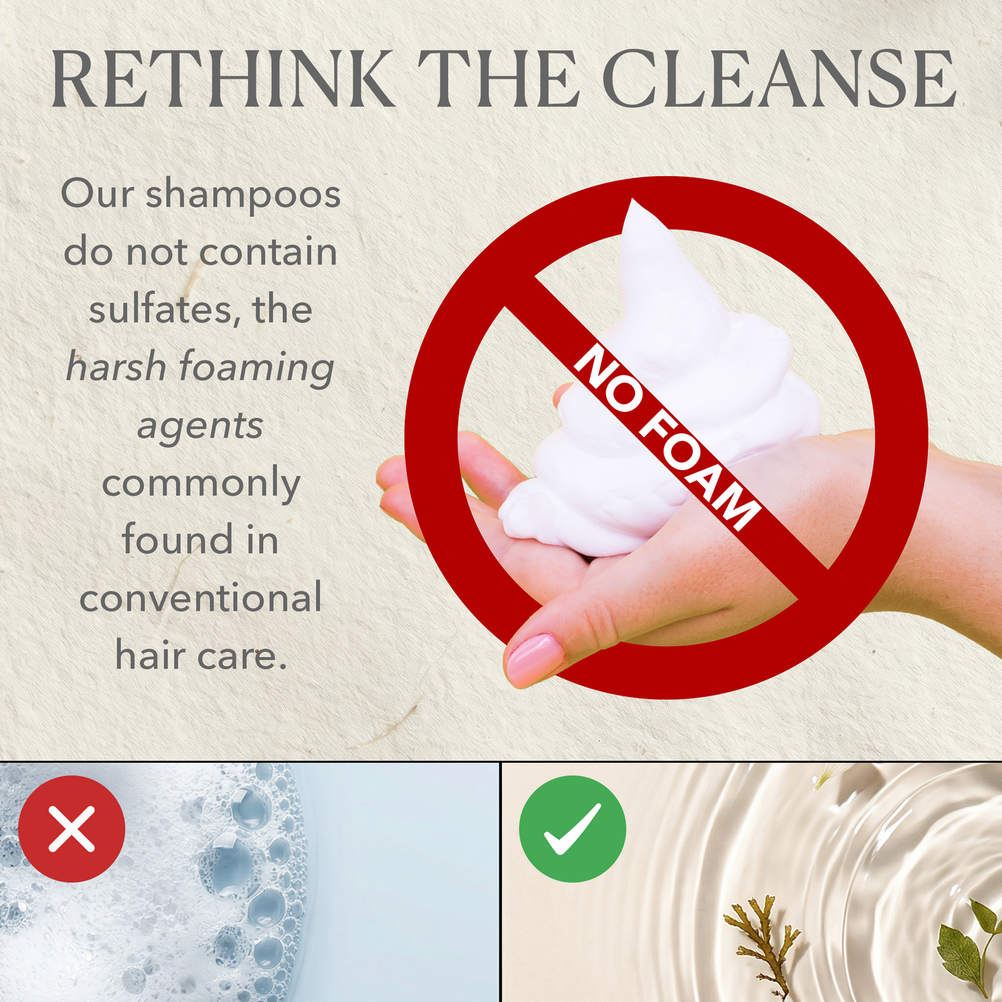 Advertisement for a shampoo brand emphasizing no foam and sulfate-free ingredients.