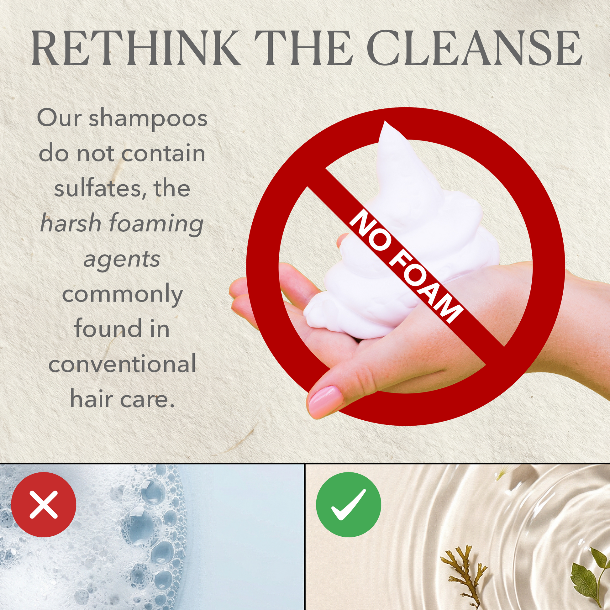 Advertisement for a shampoo brand emphasizing no foam and sulfate-free ingredients.