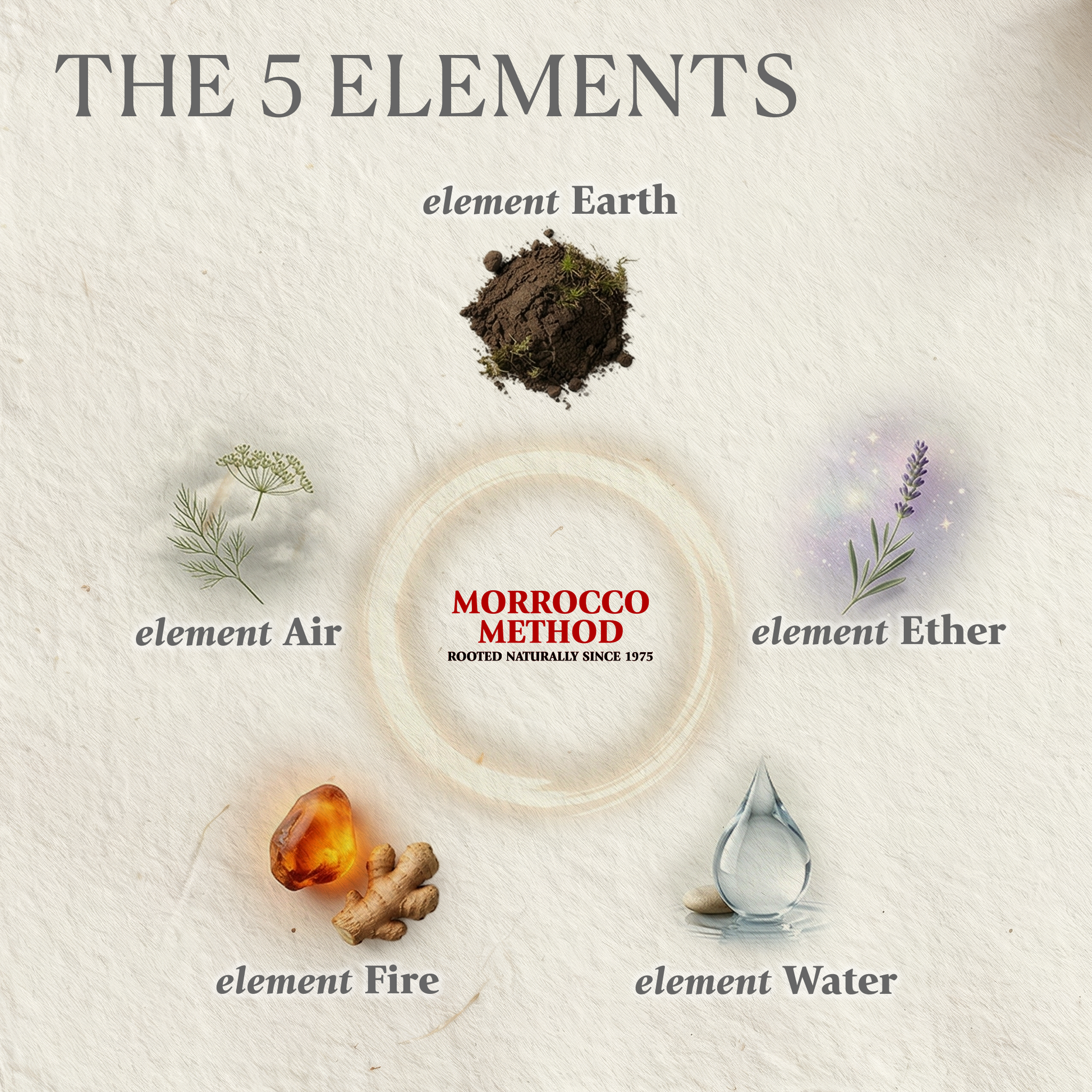 Diagram of the five elements with corresponding items and 'Morrocco Method' branding.