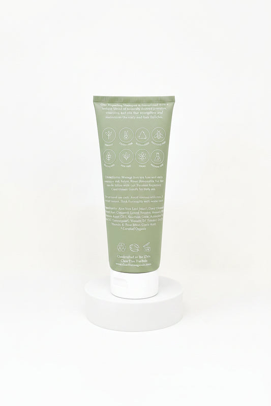 Green tube of skincare product with text on a white background