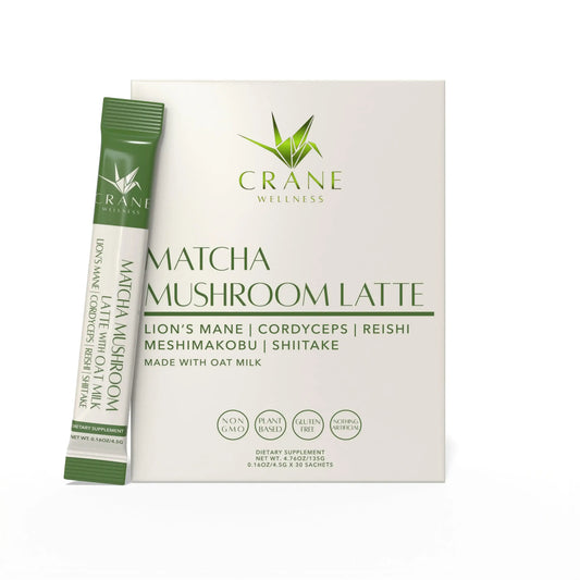 Crane Wellness Matcha Mushroom Latte | 5-Mushroom Blend with Oat Milk | Instant Latte Powder