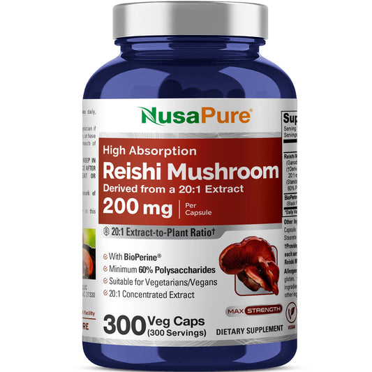 NusaPure Reishi Mushroom 20:1 Extract | 200mg with BioPerine | 300 Veggie Caps | Non-GMO Vegan