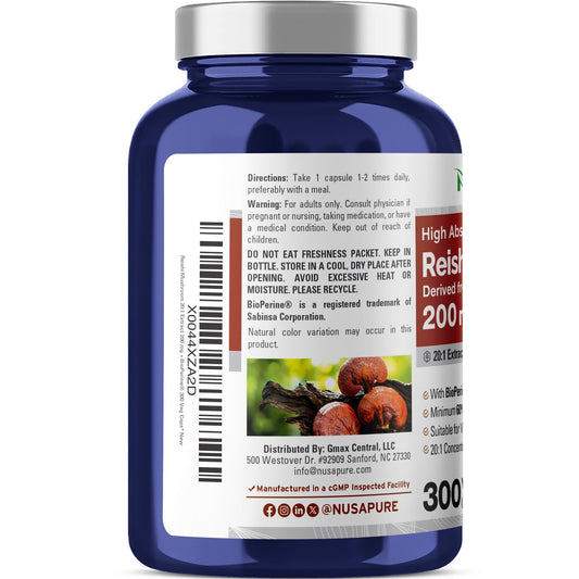 NusaPure Reishi Mushroom 20:1 Extract | 200mg with BioPerine | 300 Veggie Caps | Non-GMO Vegan