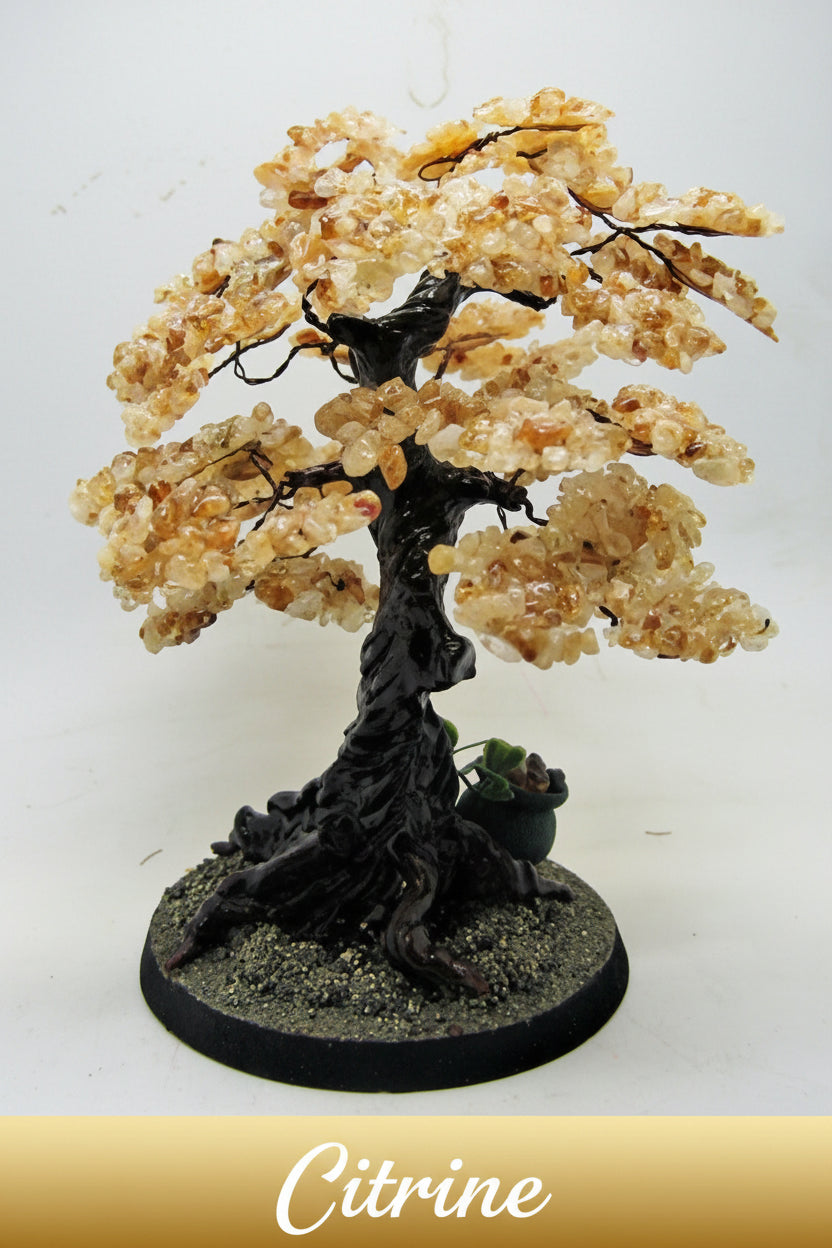 Decorative bonsai tree with a tag on a white background