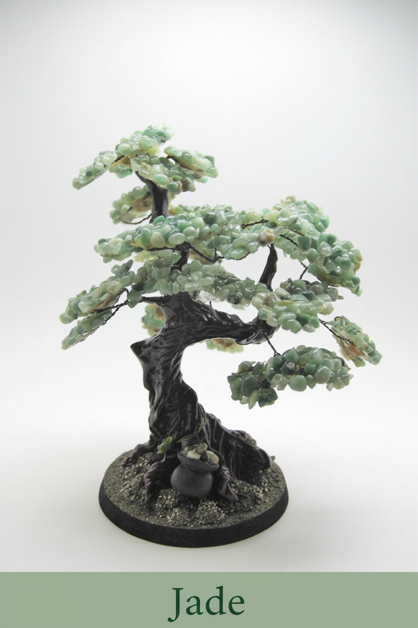 Decorative bonsai tree with a tag on a white background