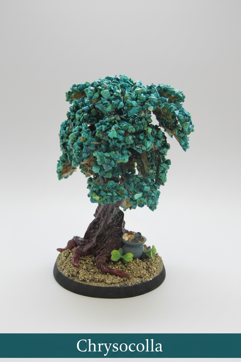 Gemstone tree with a tag on a white background