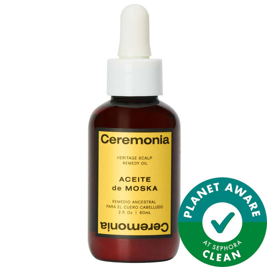 Ceremonia Aceite de Moska bottle with a 'Planet Aware' at Sephora Clean label on a white background