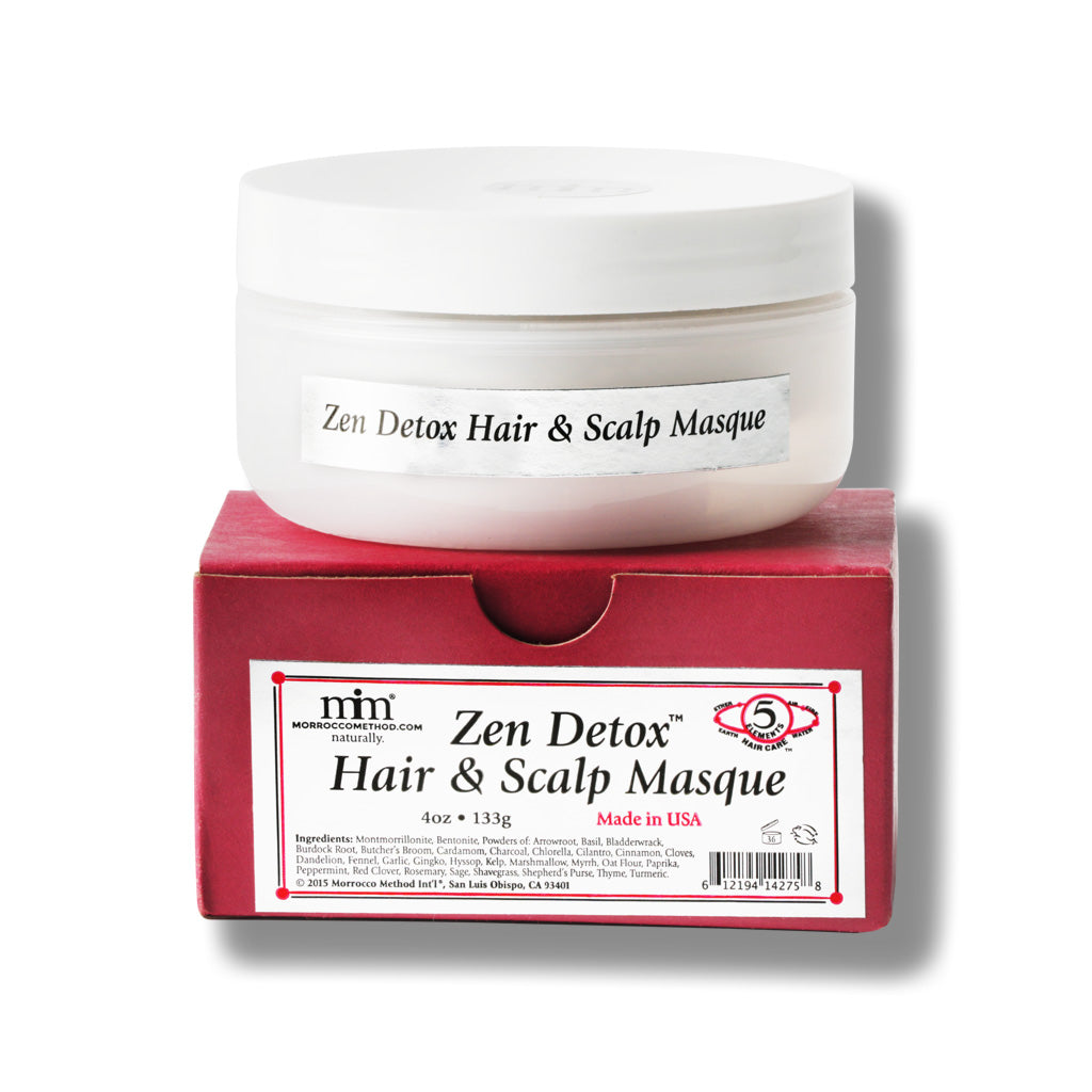 White jar of 'Zen Detox Hair & Scalp Masque' on a red box with 'nim' branding.