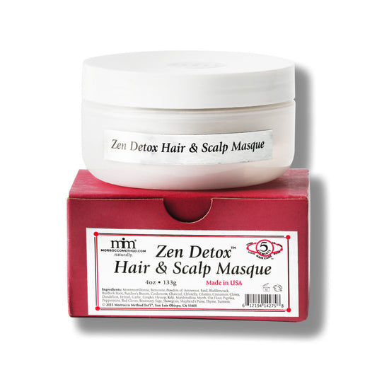 White jar of 'Zen Detox Hair & Scalp Masque' on a red box with 'nim' branding.