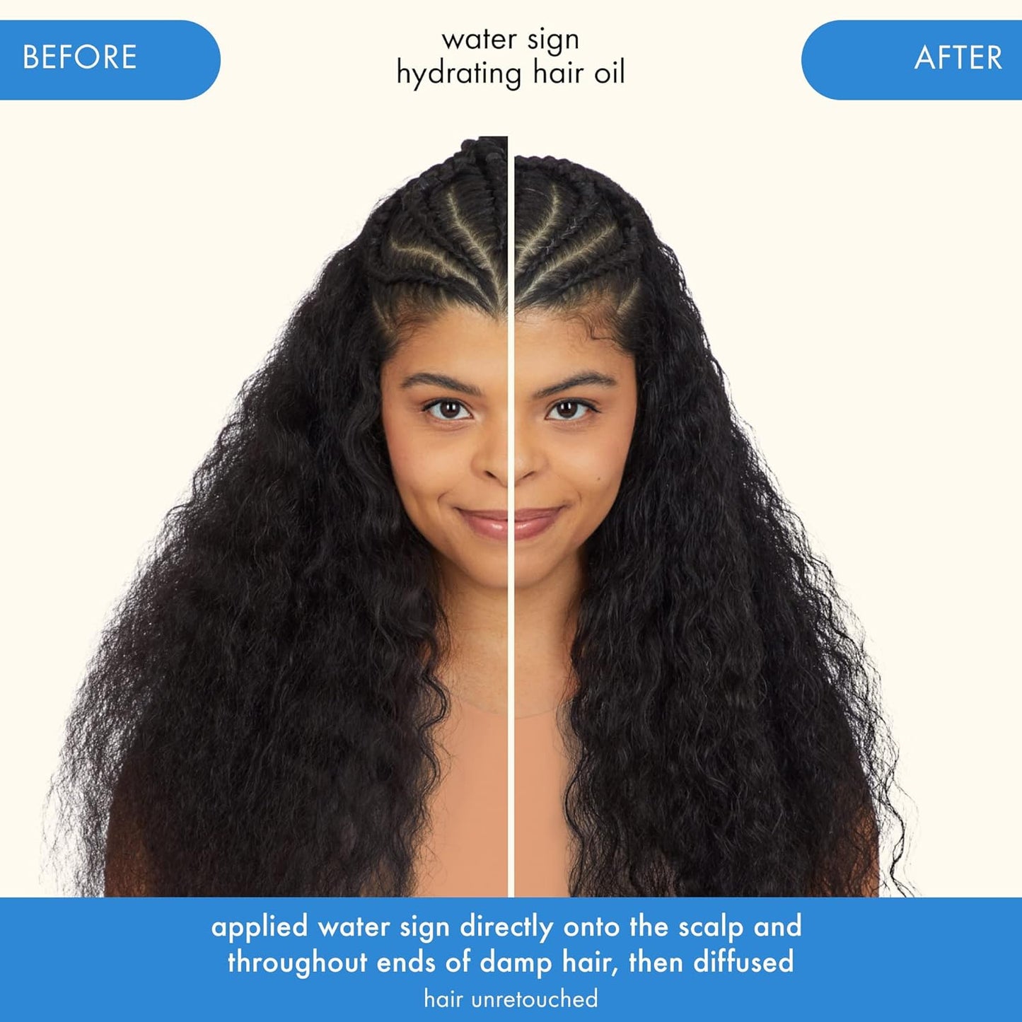 Before and after comparison of a woman's hair with water sign hydrating hair oil.