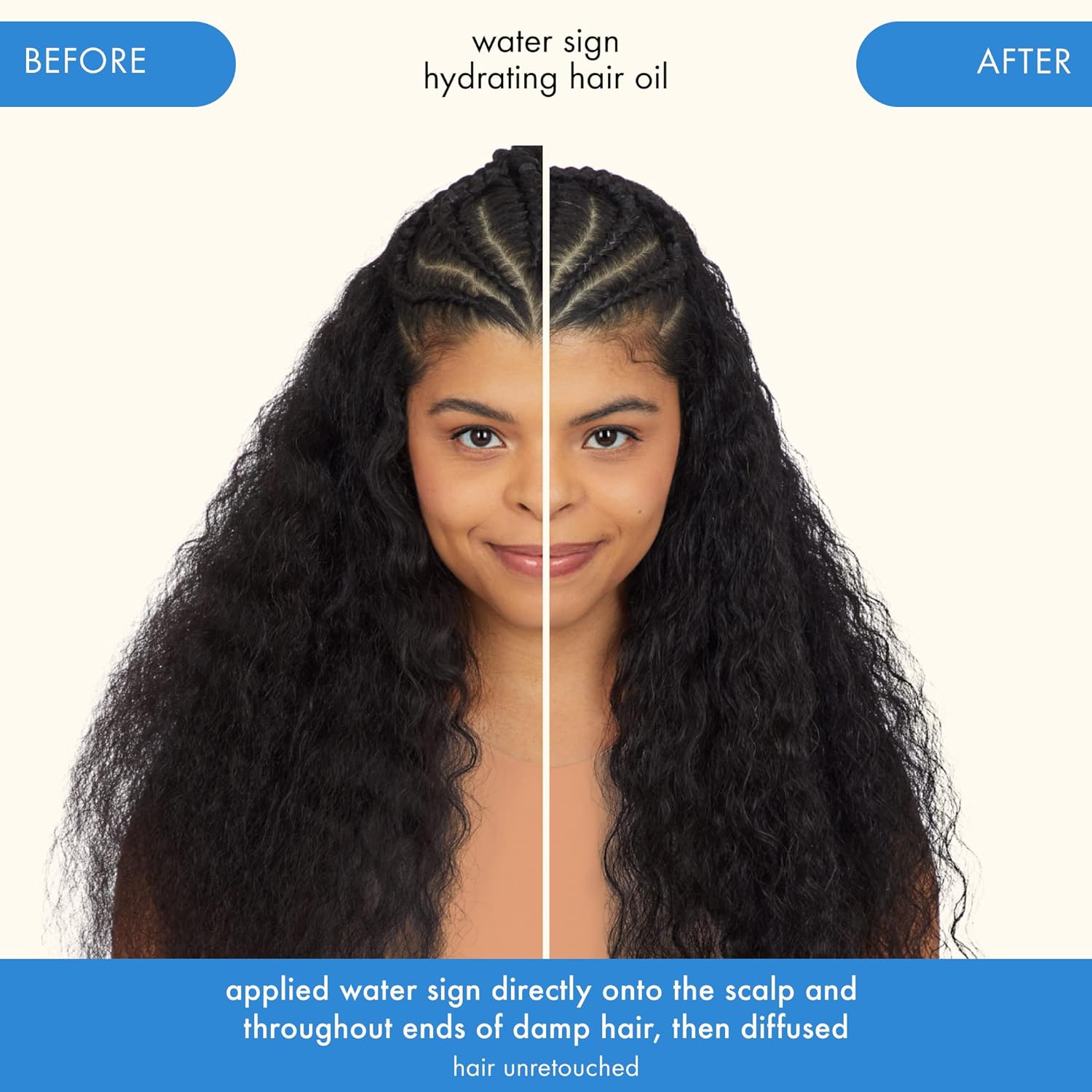 Before and after comparison of a woman's hair with water sign hydrating hair oil.