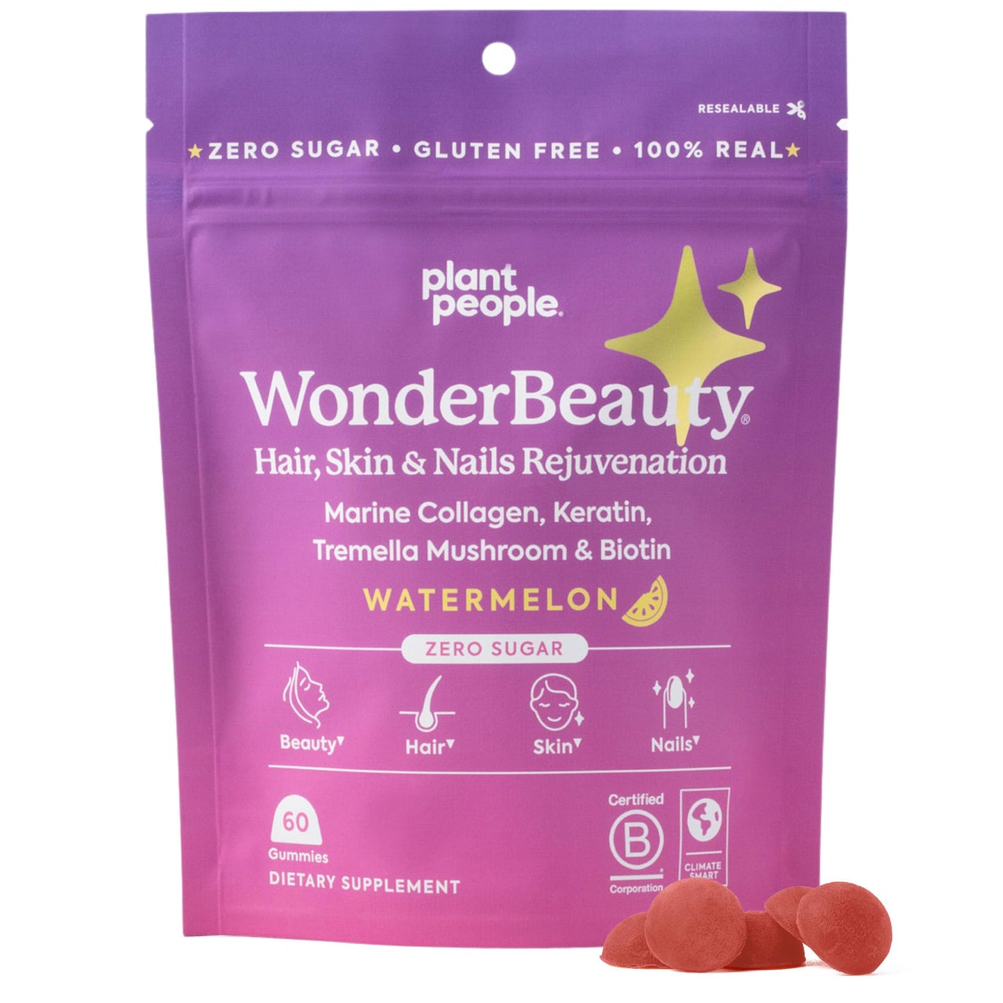 Plant People WonderBeauty Hair Skin & Nails Rejuvenation Gummies with Tremella Mushroom Marine Collagen Peptides Keratin & Biotin – Watermelon Flavor 60 Gummies