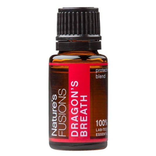 Bottle of Nature's Fusions Dragon's Breath essential oil on a white background