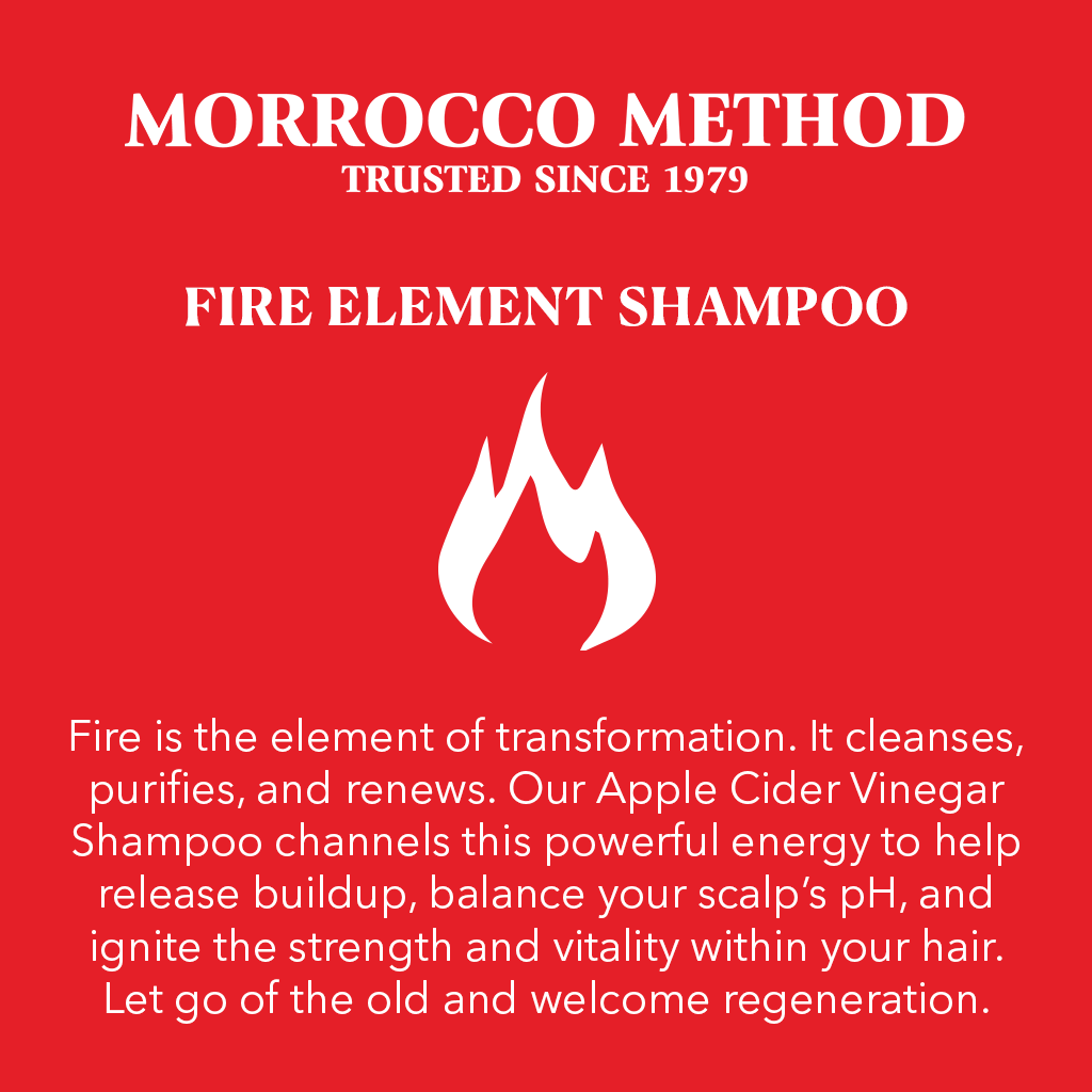 Advertisement for Morrocco Method Fire Element Shampoo on a red background with text and flame symbol.
