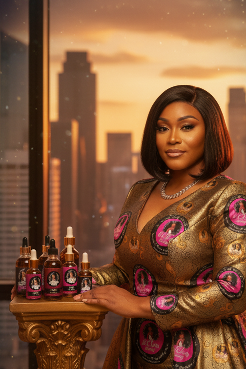 Woman in a gold and pink dress holding bottles against a cityscape background