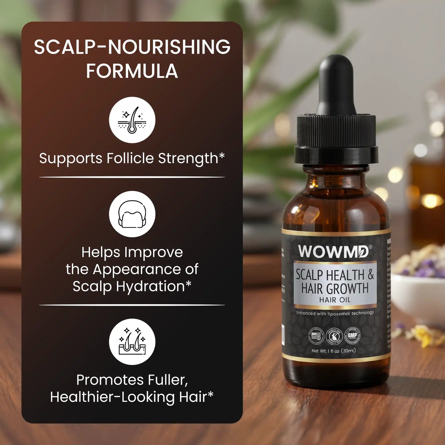 Bottle of WOWMD scalp health and hair growth hair oil with a label on a wooden surface.