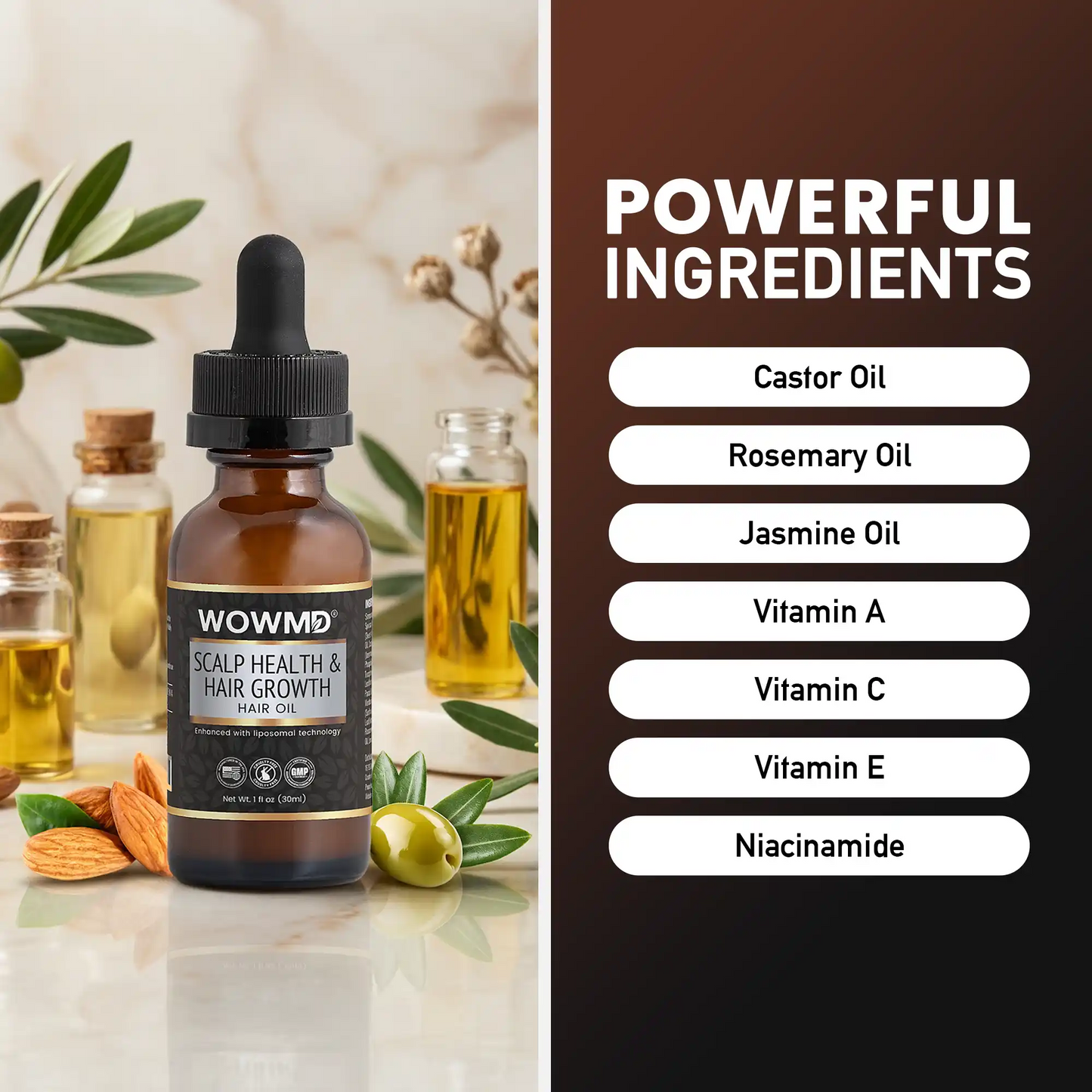 Bottle of WOWMD scalp health and hair growth oil with a list of powerful ingredients on a brown background.